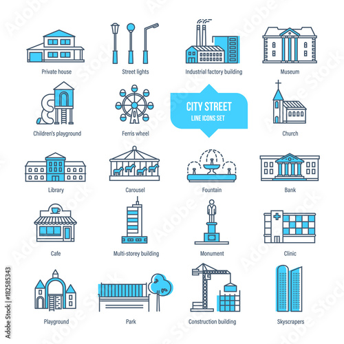 City street thin line icons, pictogram, symbol set. Buildings, architecture.