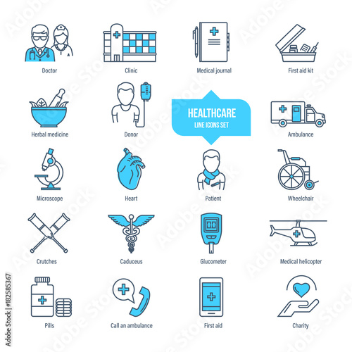 Healthcare thin line icons, pictogram and symbol set. Ambulance, pharmacology.