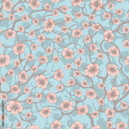 Vector seamless background with sakura blossoms and folliage. Black white eps outlined illustration.