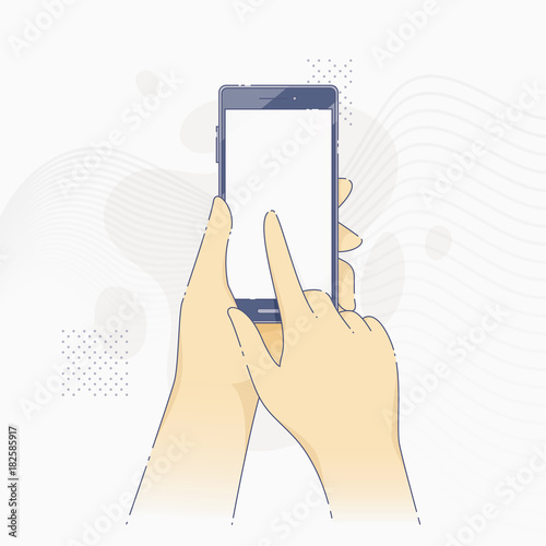 Hands holding modern cell phone and tapping on screen