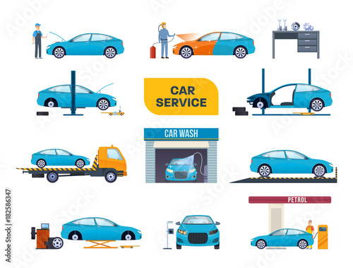 Set of car service. Car repair machines, equipment, washing, dyeing.