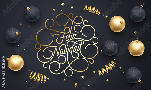Feliz Navidad Spanish Merry Christmas flourish golden calligraphy lettering of swash gold typography for greeting card design. Vector golden decoration and Christmas text on holiday black background