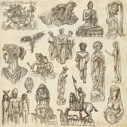 native and old art - hand drawn collection on old paper