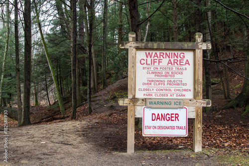 Hocking Hills Hiker Warning Sign. Hocking Hills State Park in Ohio has had several accidents involving hikers and the state park has a helipad dedicated to transporting injured visitors. 