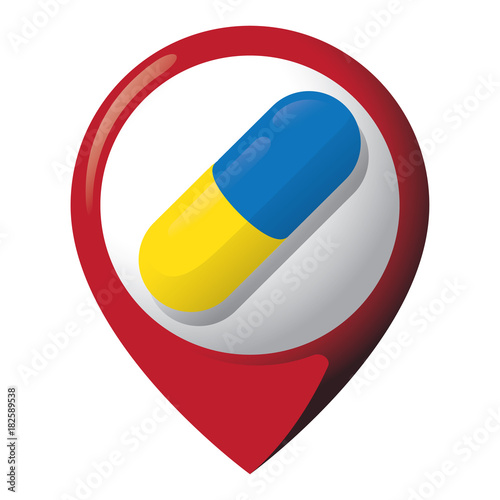 Icon representing location with medicine, capsule, pill. Ideal for catalogs of institutional materials