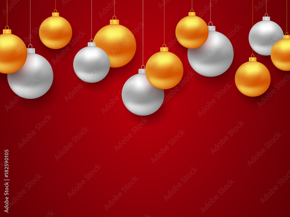New year 2018 banner with border of gold and silver color Christmas balls and place for text on red background. Vector illustration New year 2018 banner with border of gold and silver color Christmas balls and place for text on red background. Vector illustration