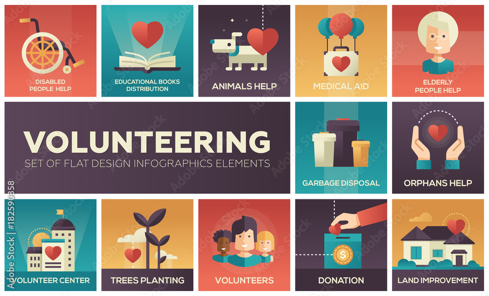 Volunteering - set of flat design infographics elements Volunteering - set of flat design infographics elements