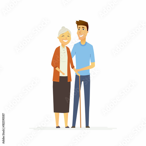 Volunteer with a senior woman - cartoon people characters isolated illustration