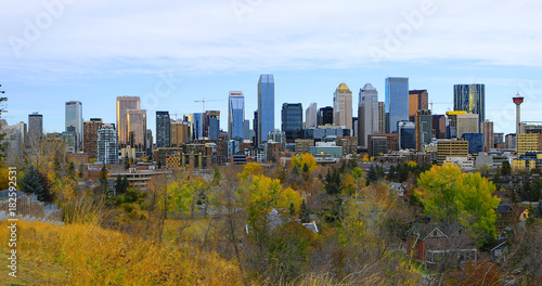 Calgary, Canada city center with colorful fall leaves