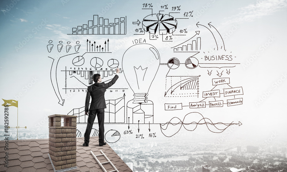 Rear view of businessman on house roof drawing his new business Rear view of businessman on house roof drawing his new business