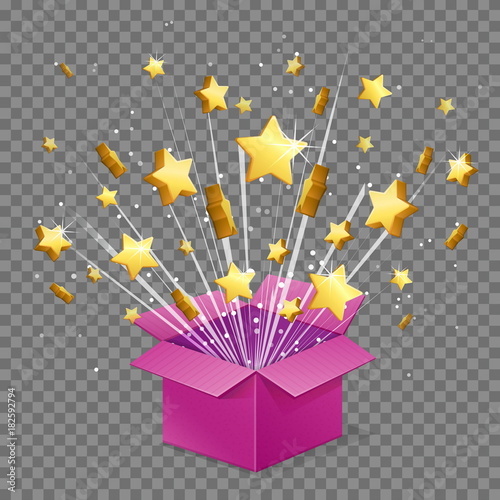 Open surprise box light beam explosion and flying stars