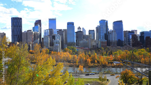 Calgary, Canada skyline with autumn foliage