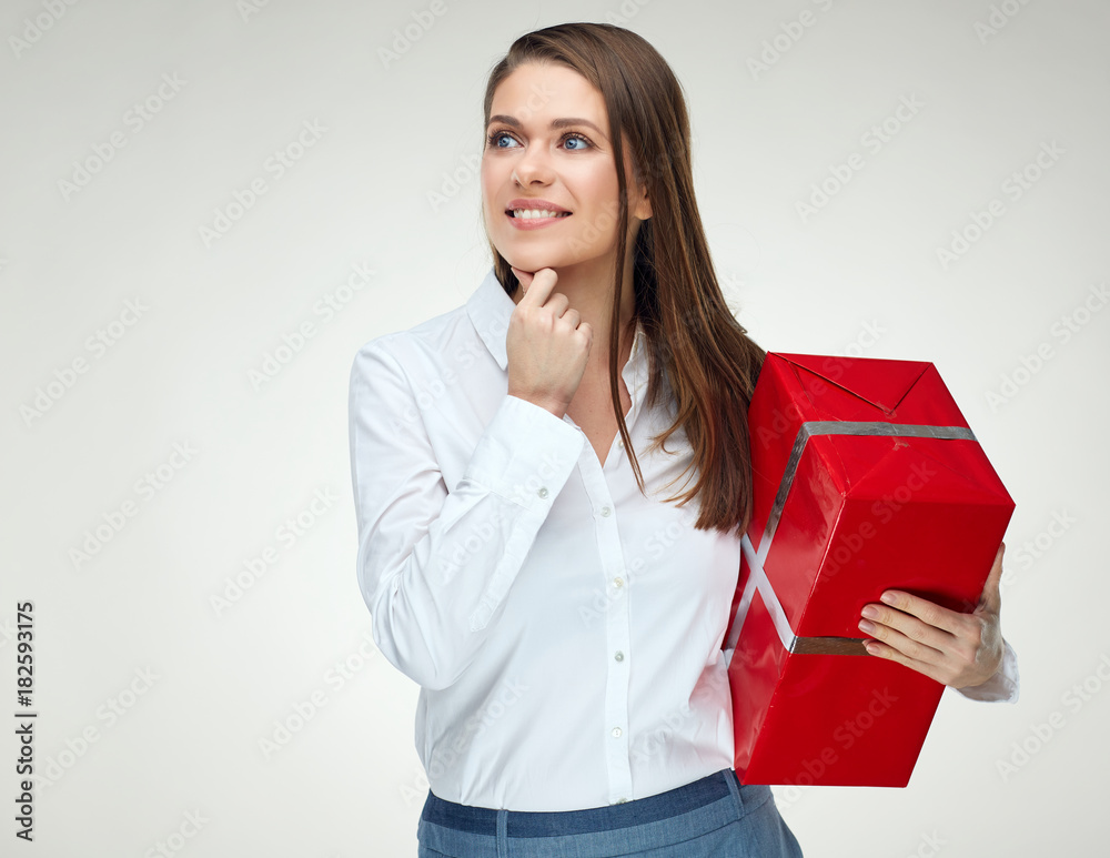 Businesswoman holding big gift box. Isolated portrait Businesswoman holding big gift box. Isolated portrait