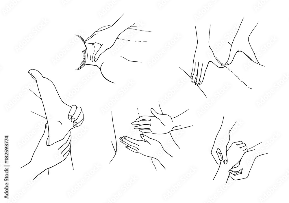 Set of 5 different kind of the massage. Two hands doing back, neck, foot and hand massage. Black and white sketch illustration of a relaxation treatment, massage.