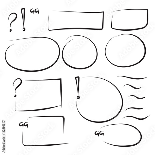 Set hand drawn rectangle, quotes, circle, question, exclamation mark, underline felt-tip pen objects. Text box and frames. Vector handdrawn elements.
