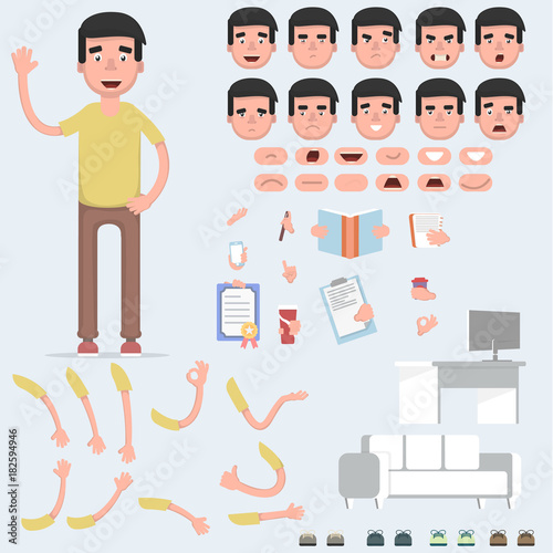 Creating a young guy with a lot of different views, emotions, postures and gestures. Cartoon style, flat vector illustration. photo
