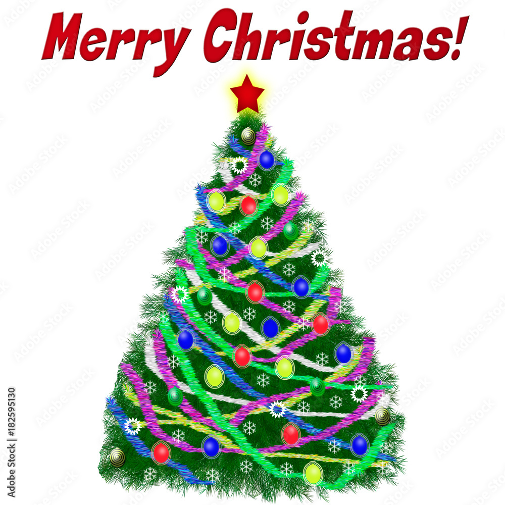 Christmas tree with decorations and tinsel on a background. Greeting card Merry Christmas Christmas tree with decorations and tinsel on a background. Greeting card Merry Christmas