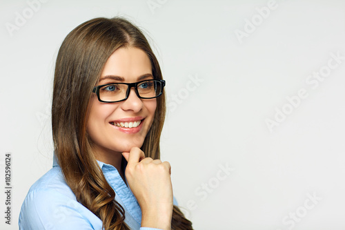 Woman with eyeglasses isolated studio portrait.