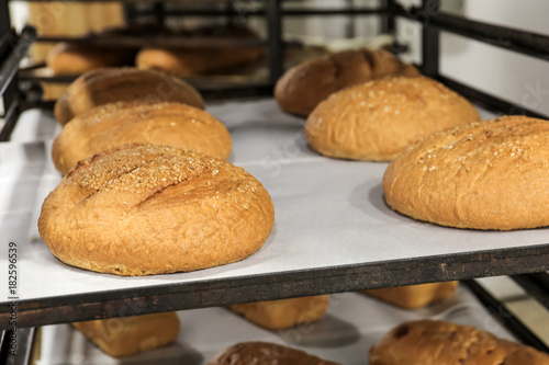 Loaves of bread on shelving in bakery