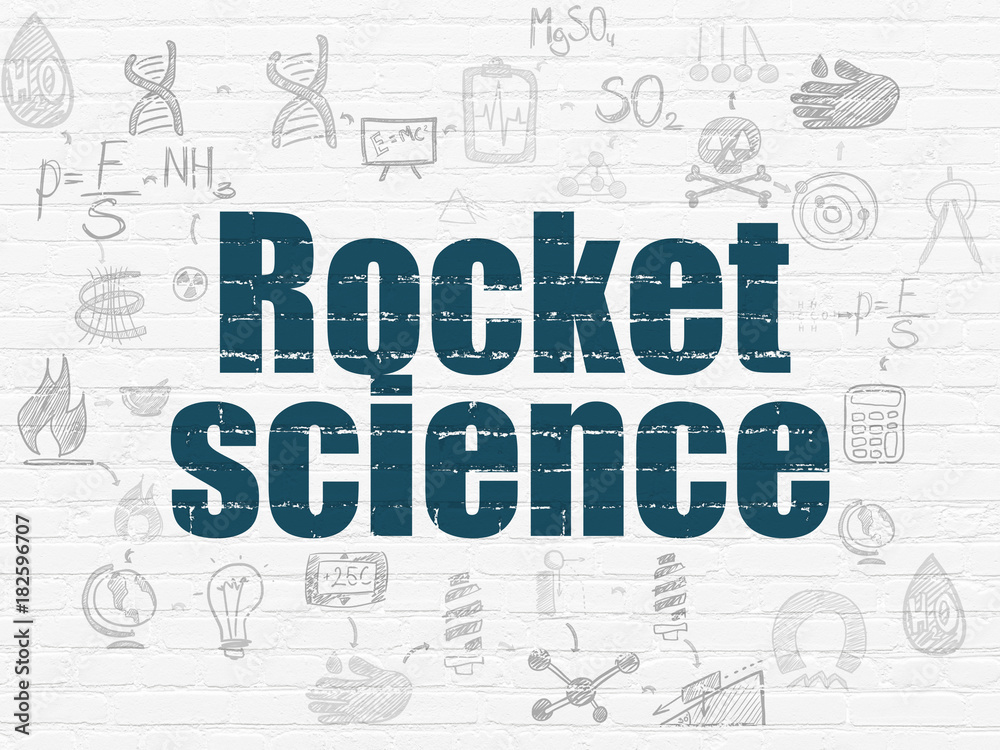 Science concept: Painted blue text Rocket Science on White Brick wall background with Scheme Of Hand Drawn Science Icons