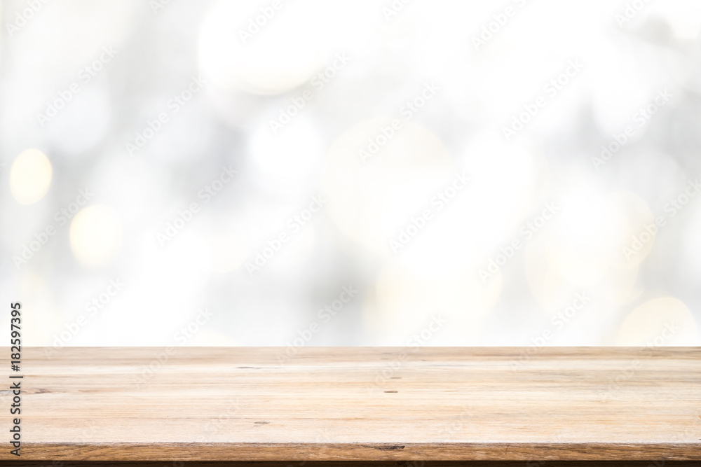 Wood table top on white bokeh abstract background Wood table top on white bokeh abstract background