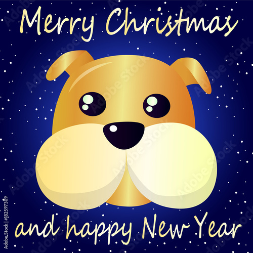 Happy New Year - the year of the dog on the eastern calendar. Beautiful, bright colorful greeting poster. Muzzle of a dog, a large pope on a snowy background pattern