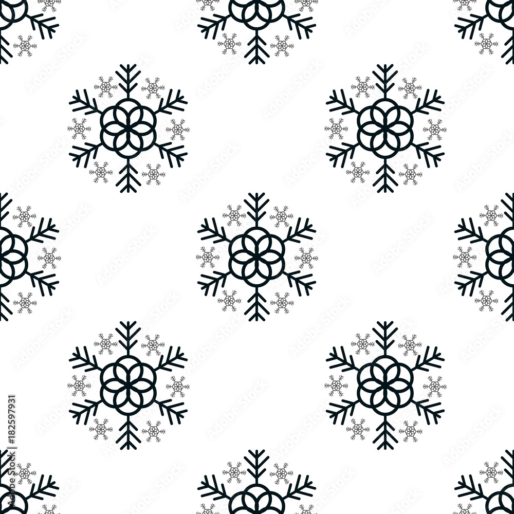 Snowflake simple seamless pattern. Black snow on white background. Abstract wallpaper, wrapping decoration. Symbol of winter, Merry Christmas holiday, Happy New Year celebration Vector illustration