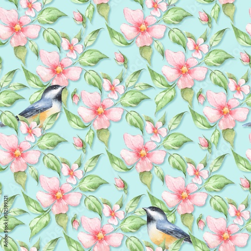 Watercolor floral seamless pattern with bird 8