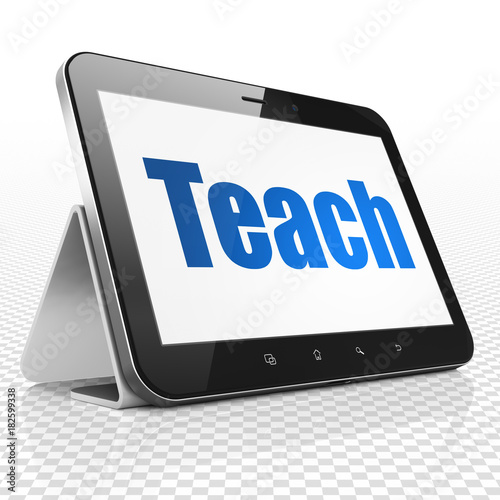 Learning concept: Tablet Computer with blue text Teach on display, 3D rendering