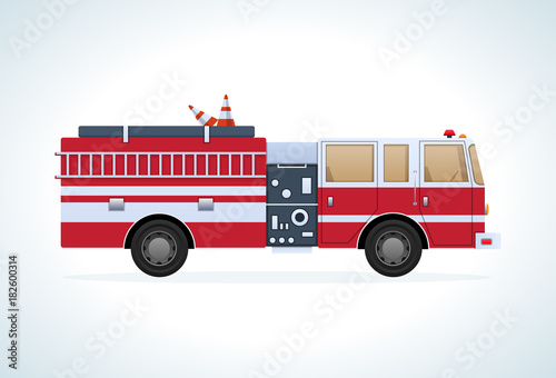 Modern city transport. Fire fighting car, side view. Vehicle movement.