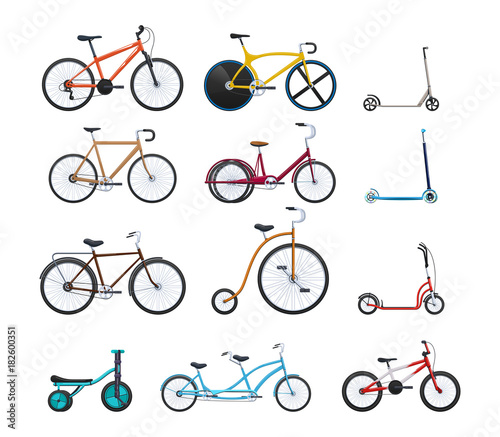 Set of modern vehicles for transportation, different city bicycles.