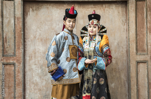 mongolian couple in traditional outfit