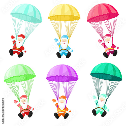 Set Santa Claus with a parachute. Vector illustration in cartoon style. Santa Claus isolated on white background. Christmas picture.