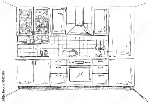 Hand drawn kitchen furniture. Vector illustration in sketch style
