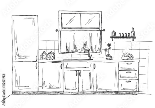Sketch kitchen with a window. Vector illustration in a sketch style.