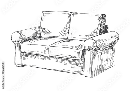 Sofa isolated on white background. Vector illustration in a sketch style.