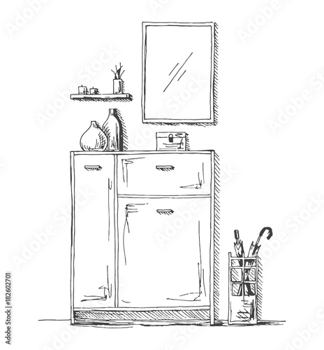 Furniture in the hallway. Chest of drawers, umbrella stand, mirror and decoration. Vector illustration in sketch style.