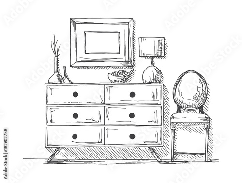 Chest of drawers, chair, lamp and decoration. Vector illustration of a sketch style.