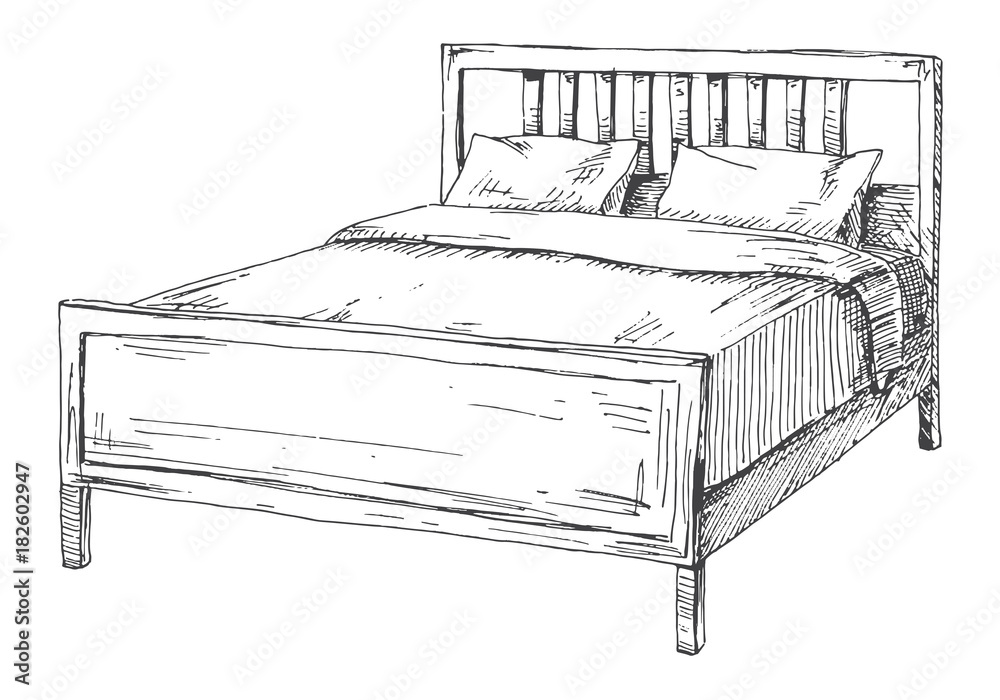 Double bed isolated on white background. Vector illustration in sketch style. - obrazy, fototapety, plakaty 