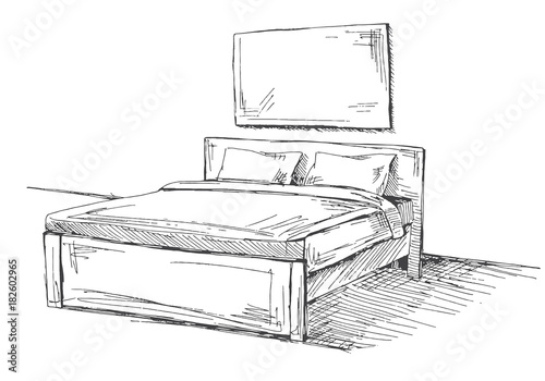 Double bed isolated on white background. Vector illustration in sketch style.