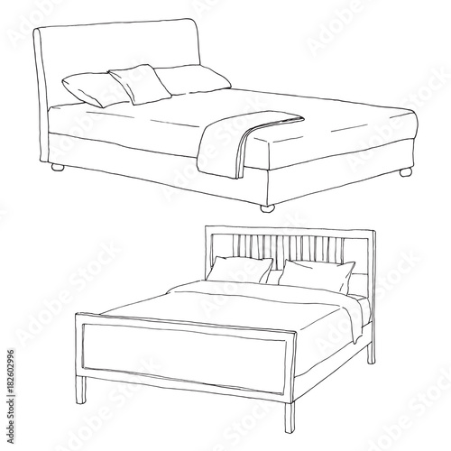 Two double bed isolated on white background. Vector illustration in sketch style.