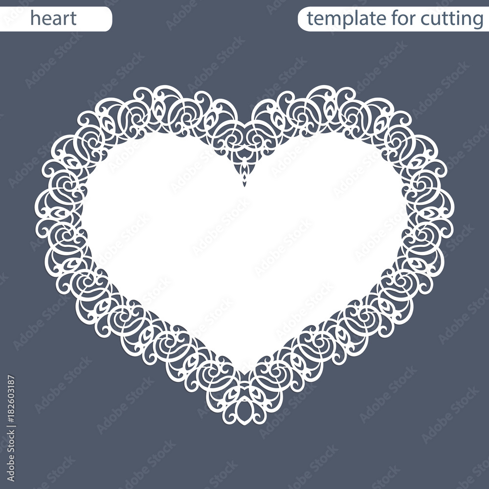 Greeting card with openwork border, paper doily under the cake, template for cutting in the form of heart, valentine card, wedding invitation, decorative plate is laser cut, vector illustrations. Greeting card with openwork border, paper doily under the cake, template for cutting in the form of heart, valentine card, wedding invitation, decorative plate is laser cut, vector illustrations.