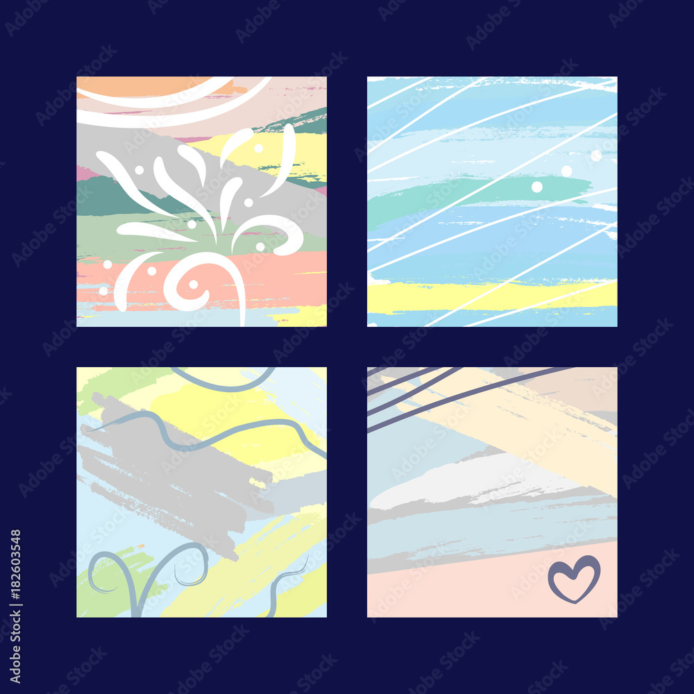 Fototapeta premium Set of trendy templates for design drawn by hand. Watercolor, sketch, grunge, brush strokes. Pastel.