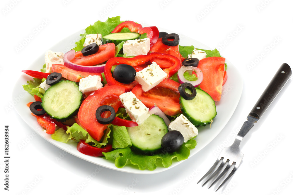 Square plate of greek salad isolated on white. fresh vegetable salad Square plate of greek salad isolated on white. fresh vegetable salad