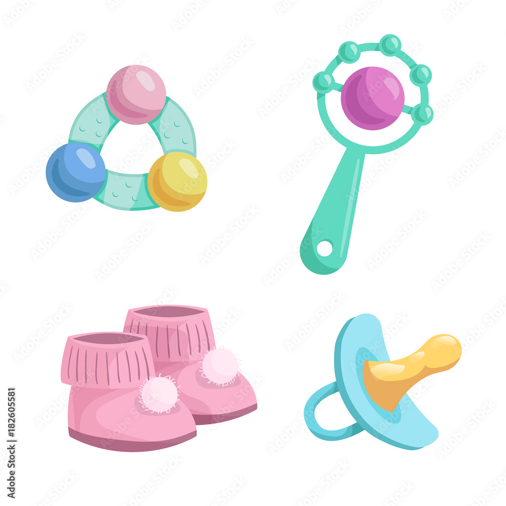 Cartoon baby accessories icons set. Girl pink baby booties, rubber dummy  and different rattles. Vector illustration. Stock Vector | Adobe Stock