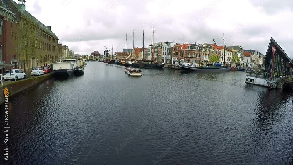 Sightseeing Tour Boat Sailing On Beautiful Dutch Canal. Sightseeing Tour Boat Sailing On Beautiful Dutch Canal.