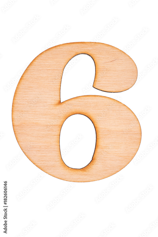 Cut out wooden number six on white background. Carved wooden digit six isolated on white background. Cut out wooden number six on white background. Carved wooden digit six isolated on white background.