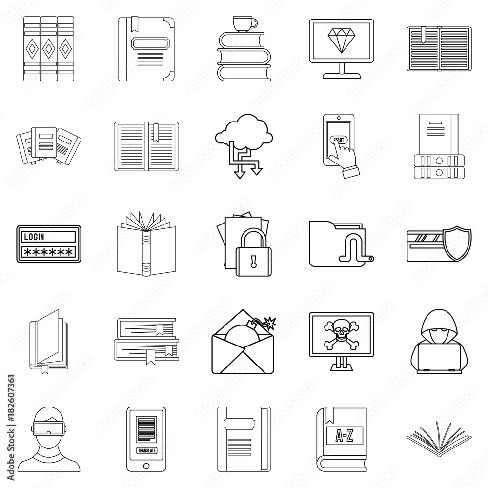 Book icons set, outline style Book icons set, outline style