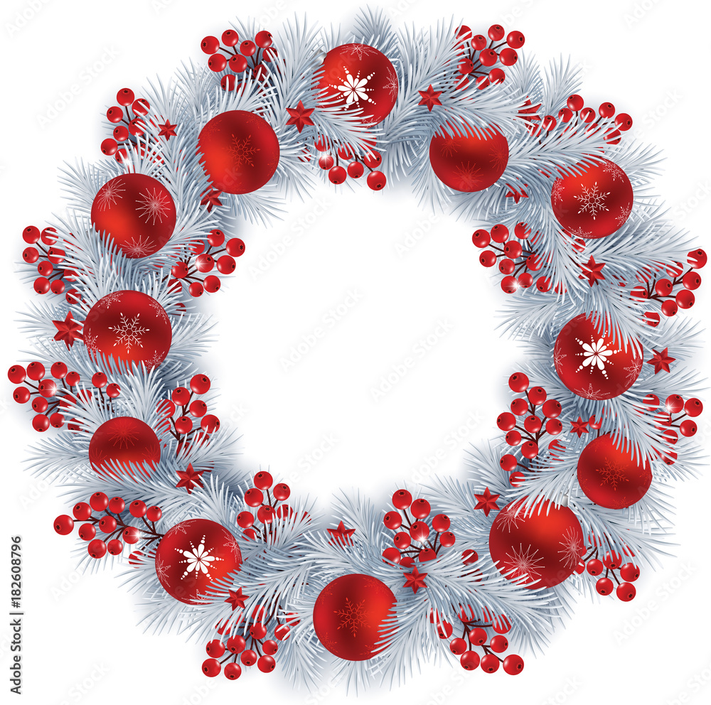 Christmas wreath with silver colour fir branches, berries and red balls ...