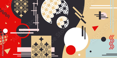 Composition of geometric shapes with circles and lines with use of fashionable colors. Abstraction. Deep red, black, gold. Horisontal arrangement. Vector